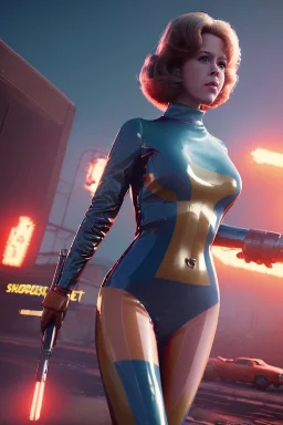 retro sci-fi press image, supermarket explosions from 1960, sweet young Jane Fonda, tight latex suit, weapon, fighting stance, soft color, highly detailed, unreal engine 5, ray tracing, RTX, lumen lighting, ultra detail, volumetric lighting, 3d, finely drawn, high definition, high resolution.