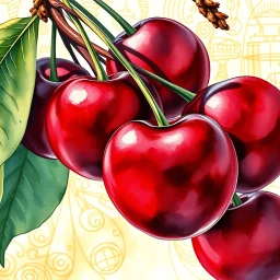 Exquisitely detailed branch of large, shiny, plump, juicy, very dark red-burgundy-colored cherries in watercolor, sunlit. Full-screen, wide-screen, sharp-focus, very close up. The background of the illustration extending all the way to the edges of the paper is a very small, very detailed mini-Cubist canvas, with style elements recalling Juan Gris, Paul Cézanne and Paul Klee, intricate, colored in a delicate, washed-out yellow-green-apricot abstract pattern with outline details. The watercolor i