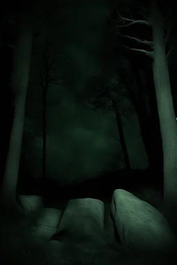 Night, trees, rocks, mountains, creepy, gothic horror films influence, photography