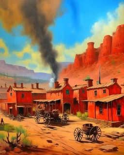 A red smoking western town with iron horseshoe painted by Claude Monet