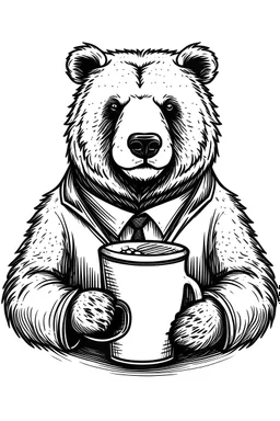 Office bear holding delicious cup of coffee, vector black & white