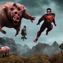 zombies approaching a mountain, female pig with superman looking from top of the mountain, realistic, movie style