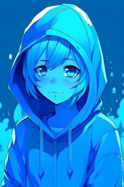 Anime style, deeply blue girl made out of deeply blue water, slime, slime based translucent blue skin, wears a blue hoodie