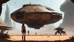 Concept art. Medium shot. skinny 50-year-old woman in brown shorts, shirt, and boots, standing next to a Vulture Droid cargo spaceship, sitting in a deserted, derelict alien jungle town. Best quality.