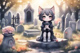 cute chibi cat girl in the graveyard, sadly sitting next to a grave, flowers in her hand in sunshine, melting watercolor and black ink outlines on wet paper, shading colors, soft strokes, ethereal, otherwordly, cinematic postprocessing, bokeh, dof