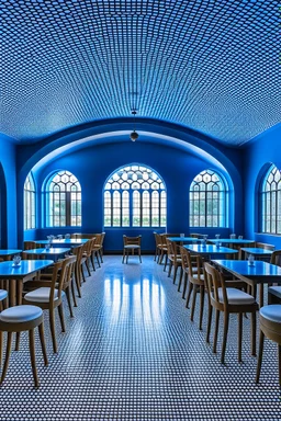 A restaurant with the outer shape of the walls in blue and a white floor. It contains one table in the middle of the restaurant, and the walls are oval in shape, containing 30 chairs.