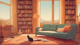 Cozy colorfull Pictures of a beautiful modern house from the inside, with large glass windows, a wood-burning stove, and a calm and relaxing atmosphere There is a library by the window and a warm chair with a silk cover With a cat sleeping on the floor HD 4k ultra detail and creative