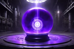 centered in the mid-ground, is a mysterious, glowing alien artifact. The artifact is a swirling orb of hypnotic, violent violet and white light, encased in a utilitarian metallic canister. The light from the artifact causes the space around it to ripple and distort (9th-dimensional warping effect). In the background, the industrial rescue ship 'Nightingale 229' is silhouetted against a dramatic deep-space vista. A massive, pulsing blue giant star is visible, with cosmic dust forming an ominous