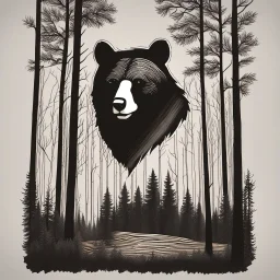 M shaped bear head combined with woods silhouette in backround, letterpress style, minimalistic pencil art