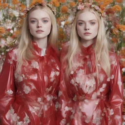Elle fanning and dakota fanning , as flowers, red shiny plastic coats
