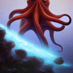 3d octopus monster rising from volcano