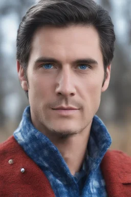 Blue eyes, close-up facial portrait - a Bright, well-lit UHD, 1080p 32k, photograph - winter time, hunting season, part Jesus Christ, part Elvis Presley with a mustache and short crew-cut hair, part Lee Majors, Part red and black checkered wool coat, blue jeans, cowboy boots, plaid shirt, sunbursts, crosses, 3D lighting, diamonds, hearts, Butterflies, Clovers, Roses, extremely colorful,