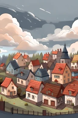 A cozy little town with cute houses, the town is on a cloud and the sky is grey, it's raining