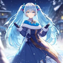 Clear focus, high resolution, cyan pigtails long fluffy hair, cyan eyes, wearing a snow outfit