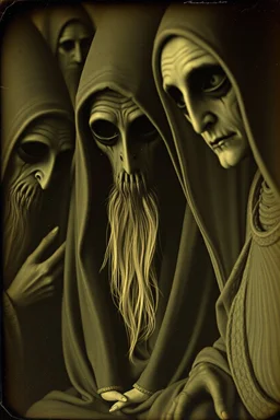 Daguerrotype close up some mysterious figures, odd background, Hieronymus Bosch, ambient light, by Minicavio Quollati and Marlost Endgulp, Amano, Botticelli, Alphonse Mucha