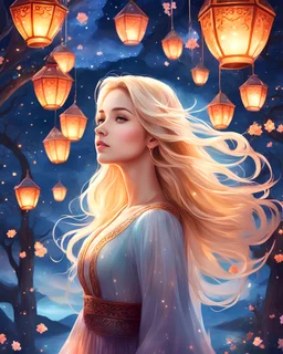 An enchanting illustration of a 20-year-old girl with long blond hair, surrounded by floating lanterns in a fantasy sky, each lantern representing a cherished dream or aspiration, creating a magical and whimsical atmosphere, Illustration, digital art with a focus on luminous colors and intricate details