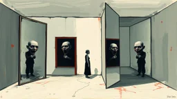 Ilustración expresionista al estilo de Francis Bacon: una habitación distorsionada con una figura solitaria atrapada entre espejos que reflejan versiones deformadas del mismo cuarto. Usa pinceladas violentas, colores ácidos y fondos planos para transmitir claustrofobia, extrañeza y una geometría emocional imposible.