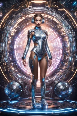 Fullbody photography front view of super model Russian beautiful woman as dj player,headphones ,dressing mech in transformative style, his metallic skin gleaming with intricate textures and intricate details, captured in an ultra-realistic style that blurs the lines between reality and imagination,cosmic spaceship background