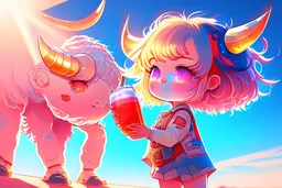 cute chibi holographic girl looking at a red bull happily in sunshine