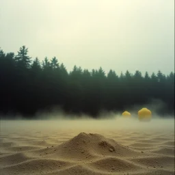 A photo of a closed environment in a dark closed space. In the background there is a forest. Più piani si intersecano. Plants, clouds. Max Ernst. The surface below appears to be sandy, with small accumulations of sand, scorrere dell'infinito. Fog, powder. In the background, other forms or structures are visible, pastel colors, yellow. The photo was taken with a Hasselblad H6D 400c camera.