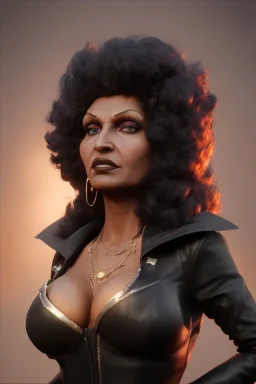 Pam Grier as evil queen in black leather, leather, busty, cleavage, angry, stern look. character design by cory loftis, fenghua zhong, ryohei hase, ismail inceoglu and ruan jia. unreal engine 5, artistic lighting, highly detailed, photorealistic, fantasy