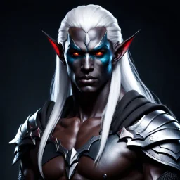 Male Drow elf, muscular warrior, dark grey skin, long white hair. Sci-fi Fantasy. Photorealistic