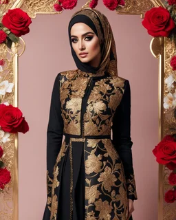 Luxury potrait of a beautiful super model hijab beauty makeup cosmetic,she wearing islamic a luxurious details pattern color gold and black casual jacket with designed large flower details that resemble roses.The dress has an asymmetrical design with one sleeve and a flowing skirt.background of the image shows a red carpet event with floral decorations,close-up portrait