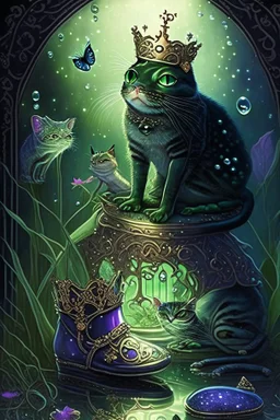 dark fantasy, intricate cover, a whimsical fairytale with a cat in boots next to a frog with a crown and a translucent glass slipper