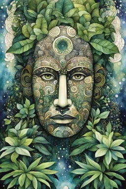 random watercolor Zentangle patterns in the styles of Gustav Klimt ,Wassily Kandinsky, Alphonse Mucha, and Kay Nielsen that depicts a colossal Olmec stone head , overgrown with the lush plant life of the Yucatan jungle, bathed in moonlight, highly detailed, with fine ink outlining