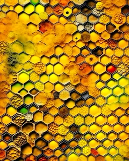 honeycombs of different colors and different sizes, yellow grunge background behind