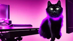 Cute black cat sitting on a gaming chair, in front of a gaming PC table, in a dark room with purple lights and gaming posters, atmospheric, gorgeous, realistic