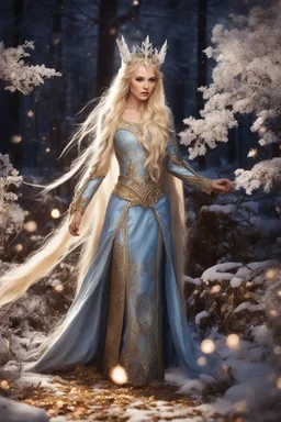 Elven princess,elven crown,long white blonde golden hair,rapunzel hair,ice flowers,beautiful,light blue,dark blue,golden armor,sparkle,glitter,ice flowers,snow,elven ears,dark fairy princess