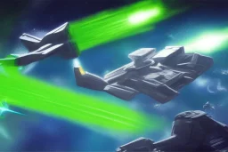 spaceship battle, spaceships, explosions, lasers, green lasers, explosions, painting