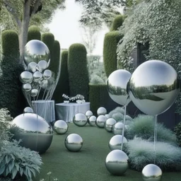 A picture of a modern garden with silver balloons and other party decoration