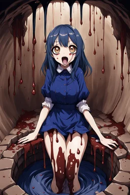 Anime girl with big eyes, darkblue and sepia tones, fullbody, slime, the perspective looking up from the bottom of an empty well, rolling eyes, tongue out, blood drip, open mouth,