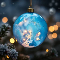 all World Map Globe xmas Ball in Blue-white Colors and little warm lights inside, blur background with snowflakes , and pines, intricate details, beautifully shot, hyperrealistic, sharp focus, 64 megapixels, perfect composition