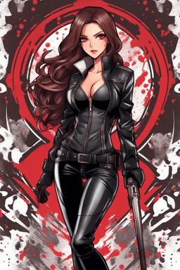 a full-body shot of a woman with long brown hair parted in the middle, red eyes, with a 'bad girl' vibe striking a confident pose, wearing black and red leather, ((Chibi anime doll style)), intricately detailed, splash art background