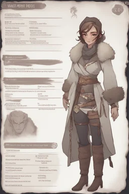 A dnd character sheet. A woman dressed for the cold north dressed in dark furs, with brown hair