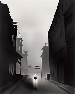 Dark street night figure fog odd Yves Tanguy spooky colors