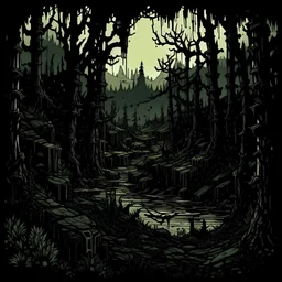 forest landscape drawn in the art style of Darkest Dungeon