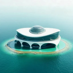 a building constructed on an artificial island of curved shape with a parimetric facade of bubble with a dune-like roof with a dome in the center,green,sea,architecture,modern,white paint,glass