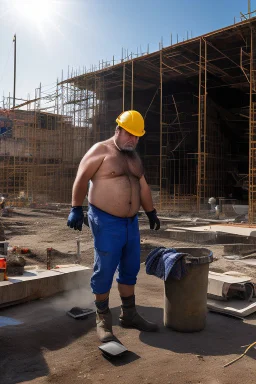 full figure shot photography of a wet sweat chubby and very virile 51-year-old burly turkish construction worker, long beard, in tank top, bulge, works hard very sweaty on a construction site in the sun repairing a floor, underlines the shine of the sweat in the sun's rays and the fatigue of the muscles, manly chest, , big legs, big belly , side view, photorealistic , side light