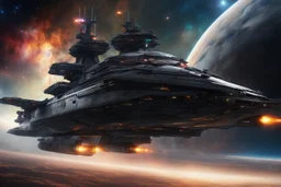 full length picture featuring an advanced and imposing futuristic spaceship warship aircraft carrier , set against a dramatic cosmic planets backdrop with vibrant nebulas and starfields. Enhance the visual impact by including dynamic lighting effects, such as glowing engines or weapon systems, and add smaller spacecrafts engaged in a high-speed chase or battle to convey a sense of action.