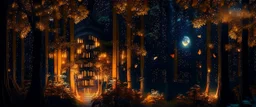 a huge library in forest with fireflies and orange mystic lights around trees that have wide leaves and broad trunked. At night with moon light.