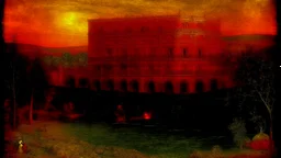 A red palace with fiery crystals designed in Australian aboriginal art painted by Albert Pinkham Ryder