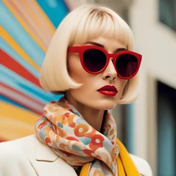 a close up of a woman wearing sunglasses and a scarf, inspired by Bert Stern, trending on cg society, pop art, white french bob hairstyle, professional profile picture, red-yellow colors, blonde and attractive features, deep colour, professional product photography, blond bob haircut, mannequin, professional retouch, warm color clothes, rectangle, glamorous composition, velma, shot with Sony Alpha a9 Il and Sony FE 200-600mm f/5.6-6.3 G OSS lens, natural light, hyper realistic photograph, ultra
