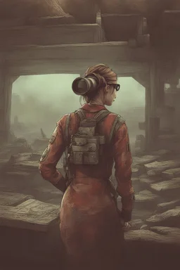 [Techno-Industrial ambiance] Scanning the misty panorama through her binoculars, Jess spied a flash of impossible color emerging in the distance. As the haze parted, a lone figure came into focus amidst the mutant sprawl, instantly drawing the eye across the hellish tapestry. Even from this removed vantage, the riotous tones of Tank Girl's patchwork garb made her stand out like a technicolor beacon. Pink and teal locks streamed behind her as she guided her vehicle deftly through the alien terrai