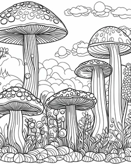 coloring page of mushroom world landscape, use clean lines and leave plenty of white space for coloring, simple line art, clean and minimalistic line