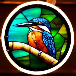 round coaster of kingfisher with stained glass window effect, highly detailed, intricate, warm colors, stained glass window, glossy from rain, warm lighting, dramatic lighting