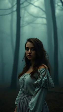 Vintage portrait of a beautiful woman standing in a misty and foggy forest background, eerie twilight lighting